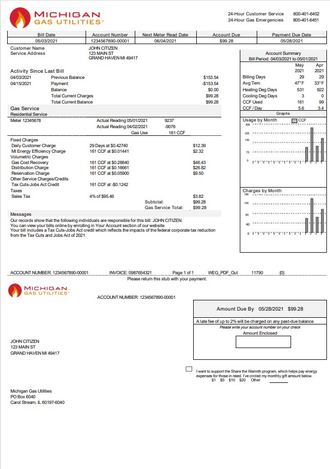 USA Michigan Gas Utilities utility bill template in Word and PDF format version 2